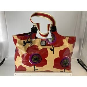 BRIGHTON E607625 XL VINYL CREAM AND RED FLORAL TOTE BAG  ASIS